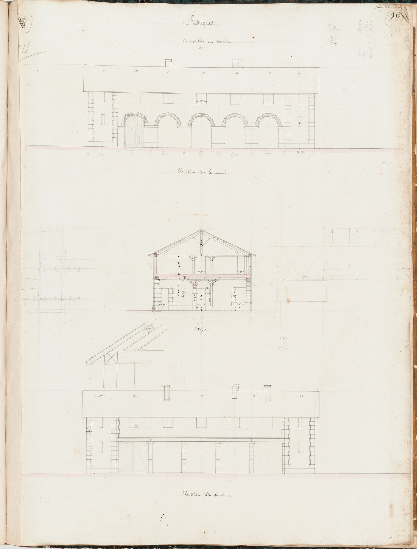 Project for Clos d'équarrissage, fôret de Bondy: Elevations, cross section, and detail for the factory for the preservation of muscles