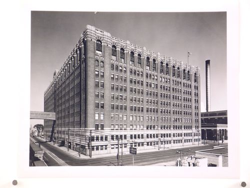 View of the principal and lateral façades of the Engineering Building, General Motors Corporation Automobile Assembly Plant [?], Detroit, Michigan