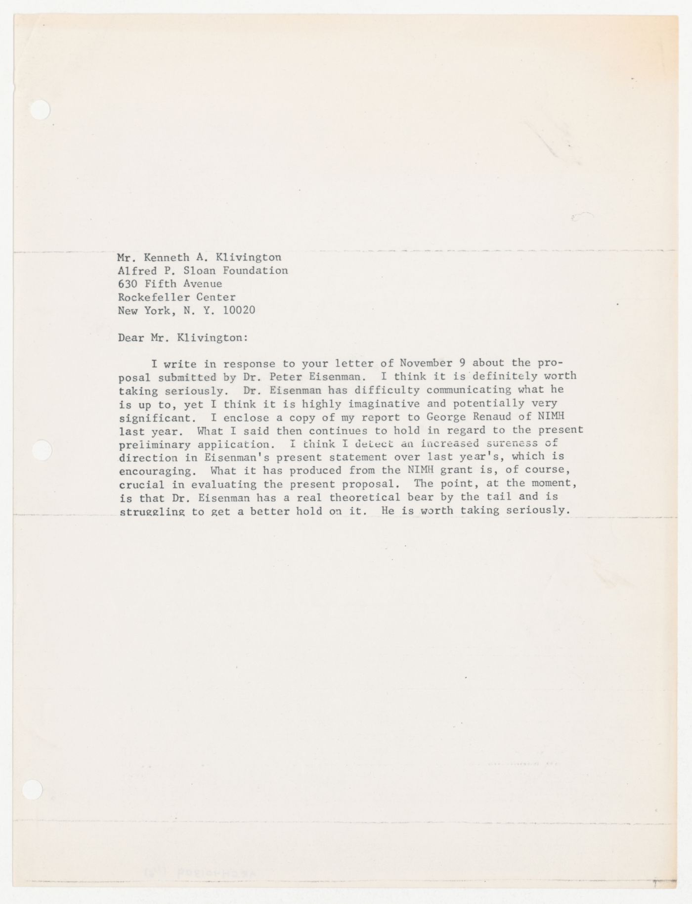 Draft letters to Kenneth A. Klivington about support for Program in Generative Design