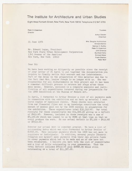 Letter from Peter D. Eisenman to Edward J. Logue about IAUS debts