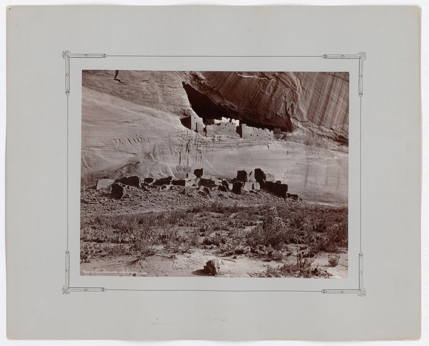Distant view of cliff dwellings, rock paintings and the ruins of the White House in the background, Canyon de Chelly, Arizona