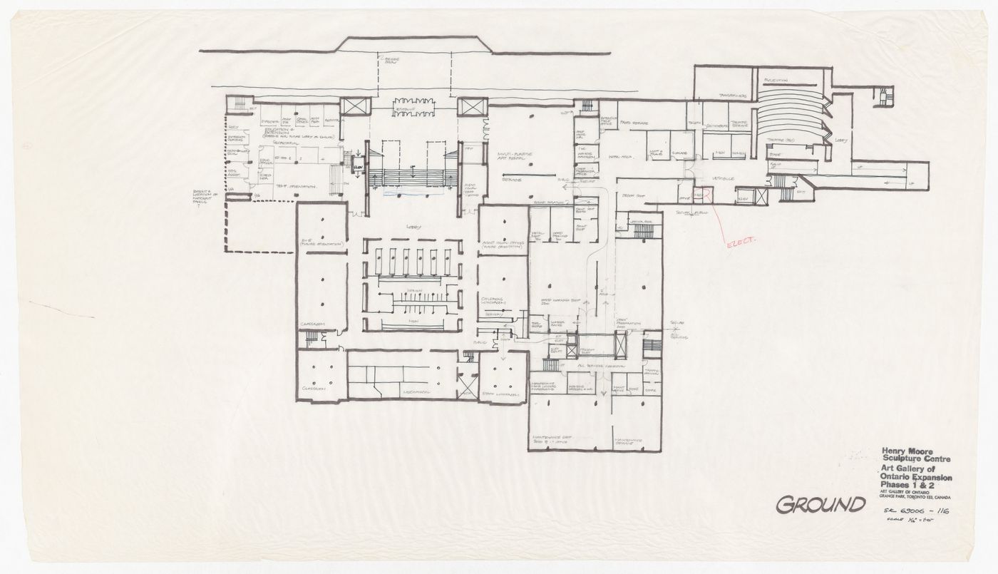 Sketch ground floor plan for Henry Moore Sculpture Centre, Art Gallery of Ontario, Stage I Expansion, Toronto