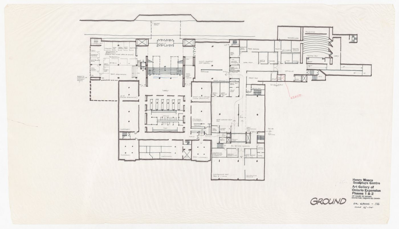 Sketch ground floor plan for Henry Moore Sculpture Centre, Art Gallery of Ontario, Stage I Expansion, Toronto