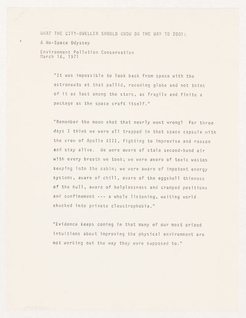 "What the city-dweller should know on the way to 2001: A no-space odessey" quotations from Parkin speech