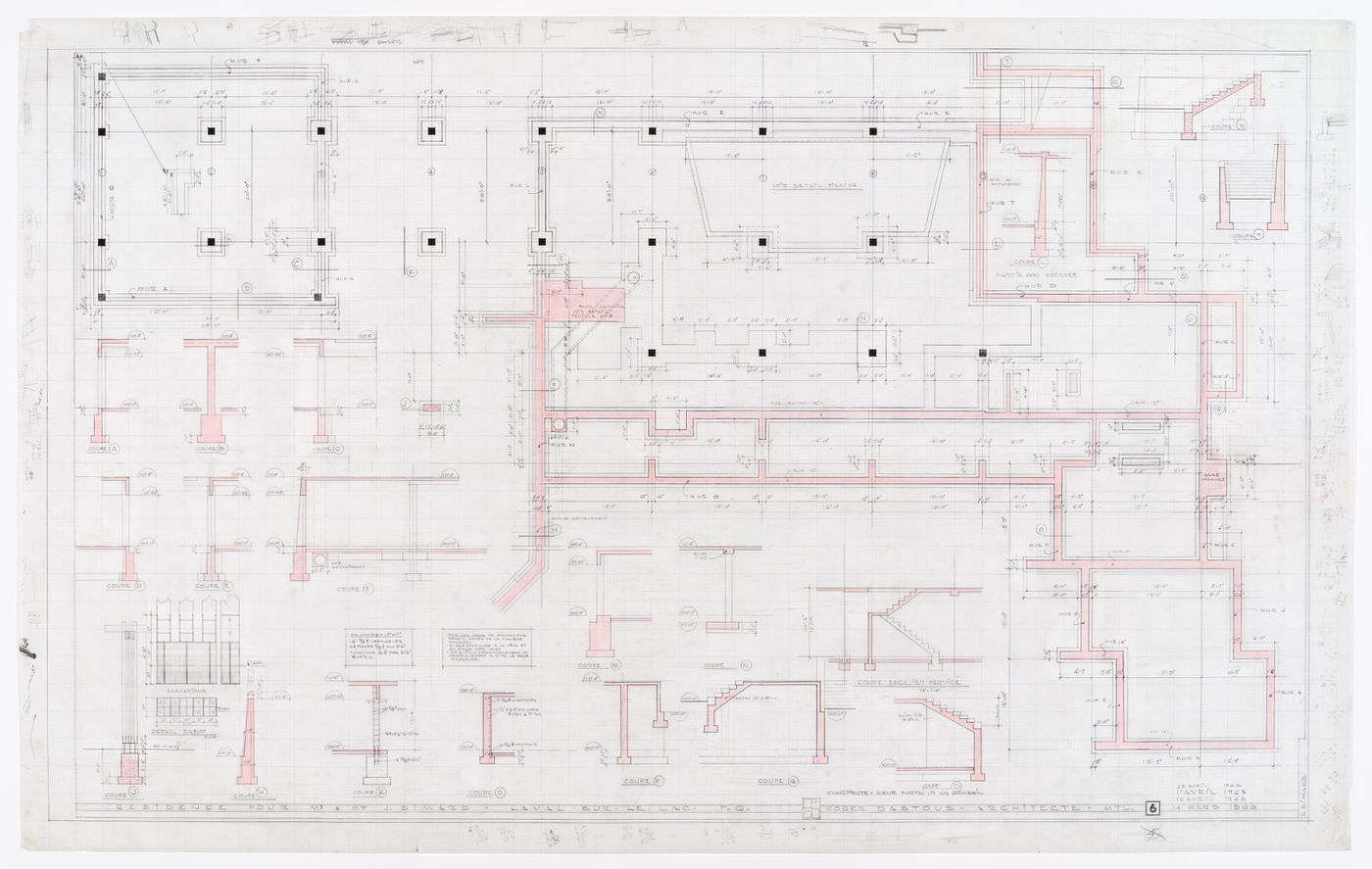 Plan et coupes des fondations pour Résidence Jean Simard, Laval-sur-le-Lac, Québec