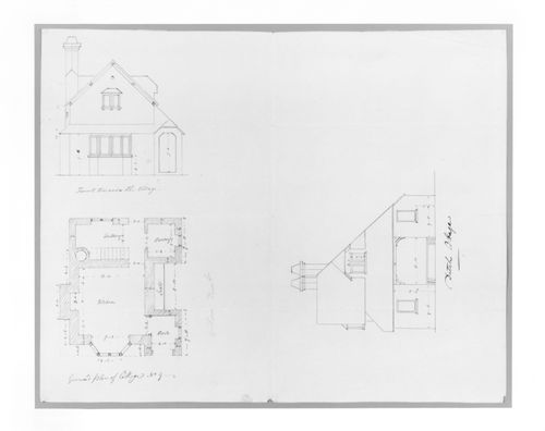 Two elevations and a ground plan for a picturesque cottage.