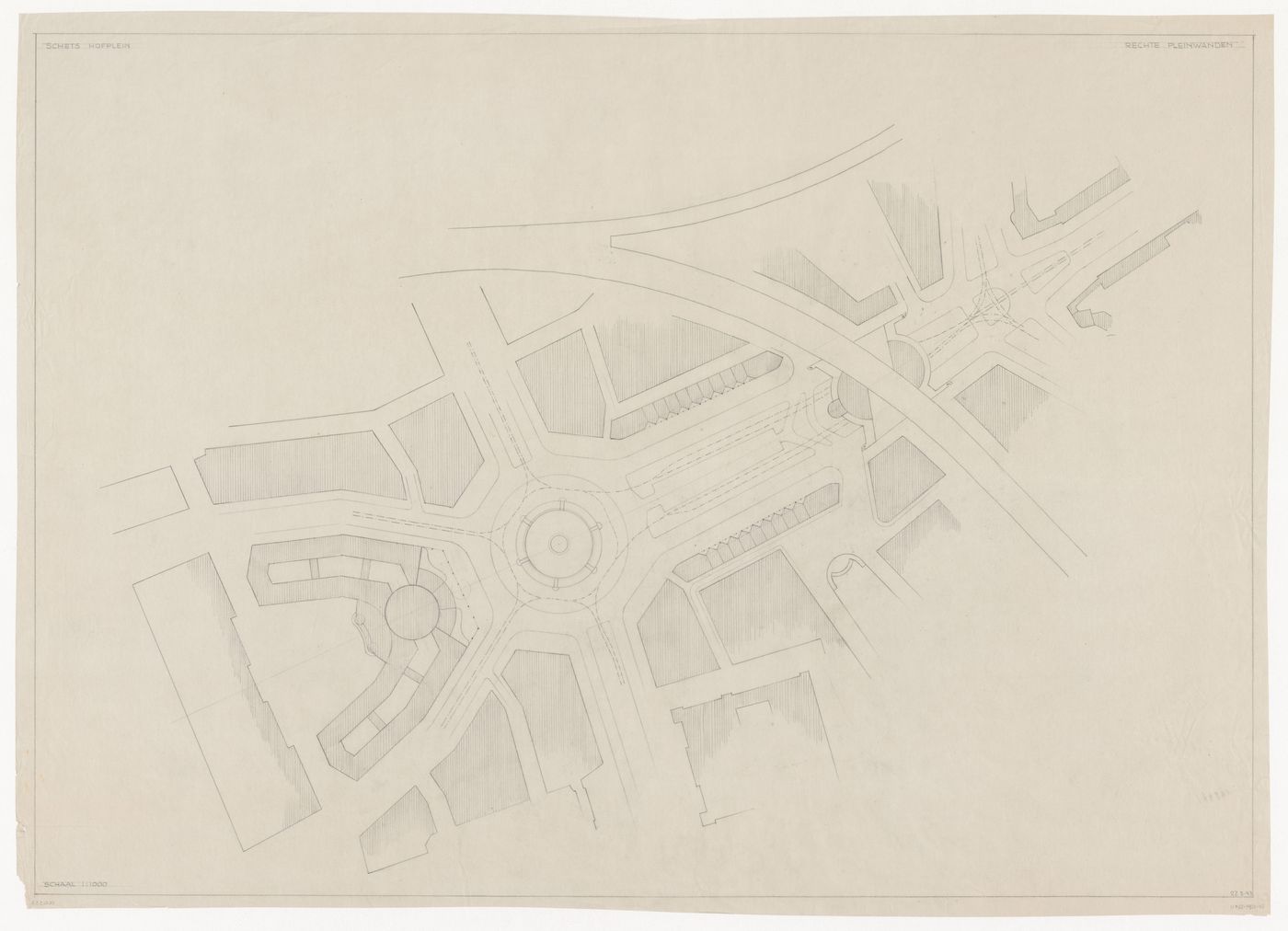 Site plan for the reconstruction of the Hofplein (city centre) showing a city hall, mixed-use developments, monument plaza and Café Viaduct, Rotterdam, Netherlands