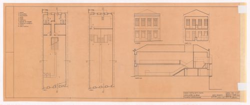 Floor plans, sections and elevation for Banco Pinto & Sotto Mayor, Régua, Portugal