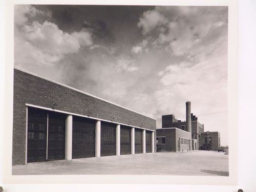 View of the principal façade of the Truck Garage with the Boiler House in the background, Curtiss-Wright Corporation Airplane division Assembly Plant, Louisville, Kentucky