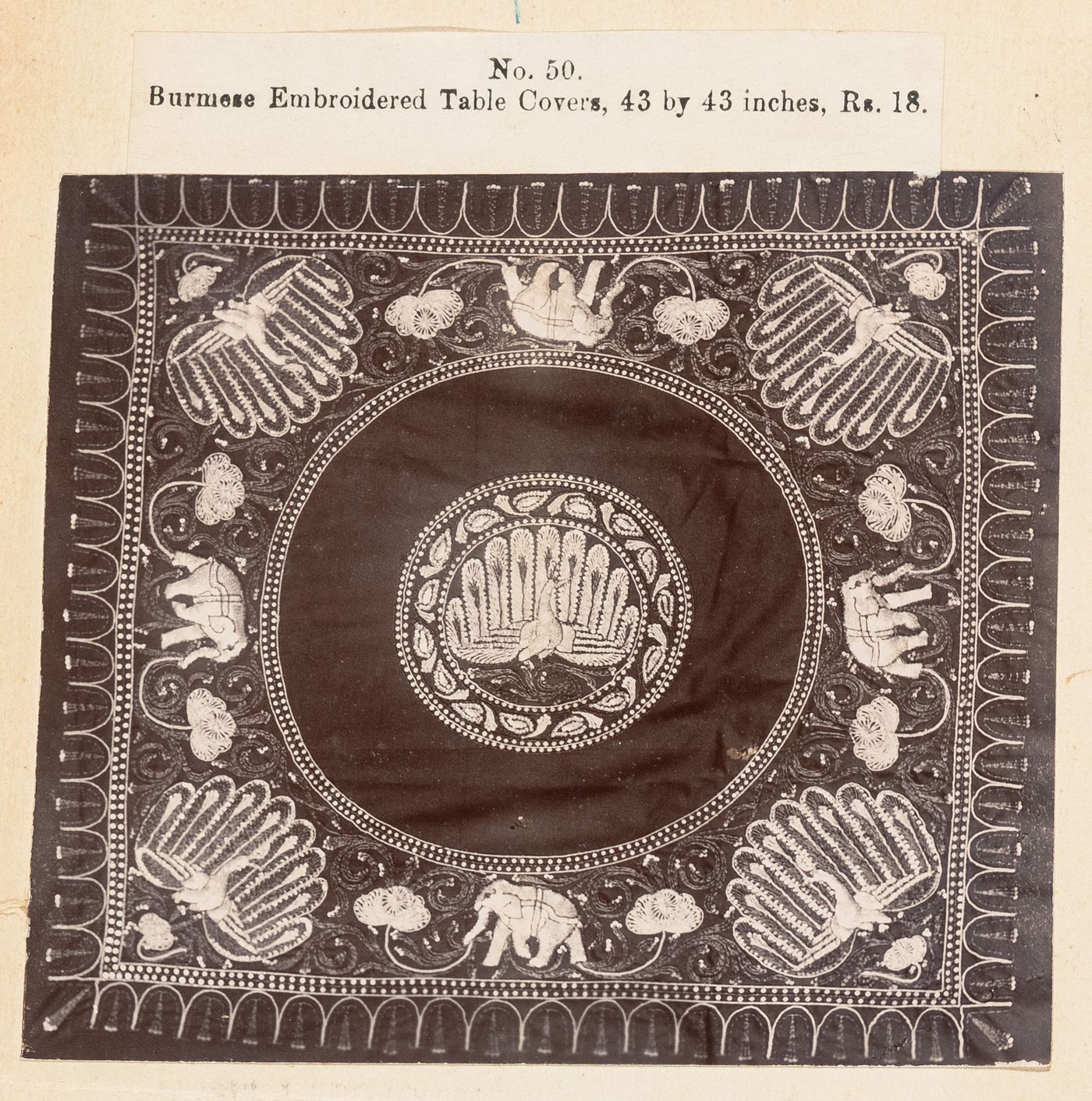 View of a tablecloth, F. Beato Limited, C Road, Mandalay, Burma (now Myanmar)