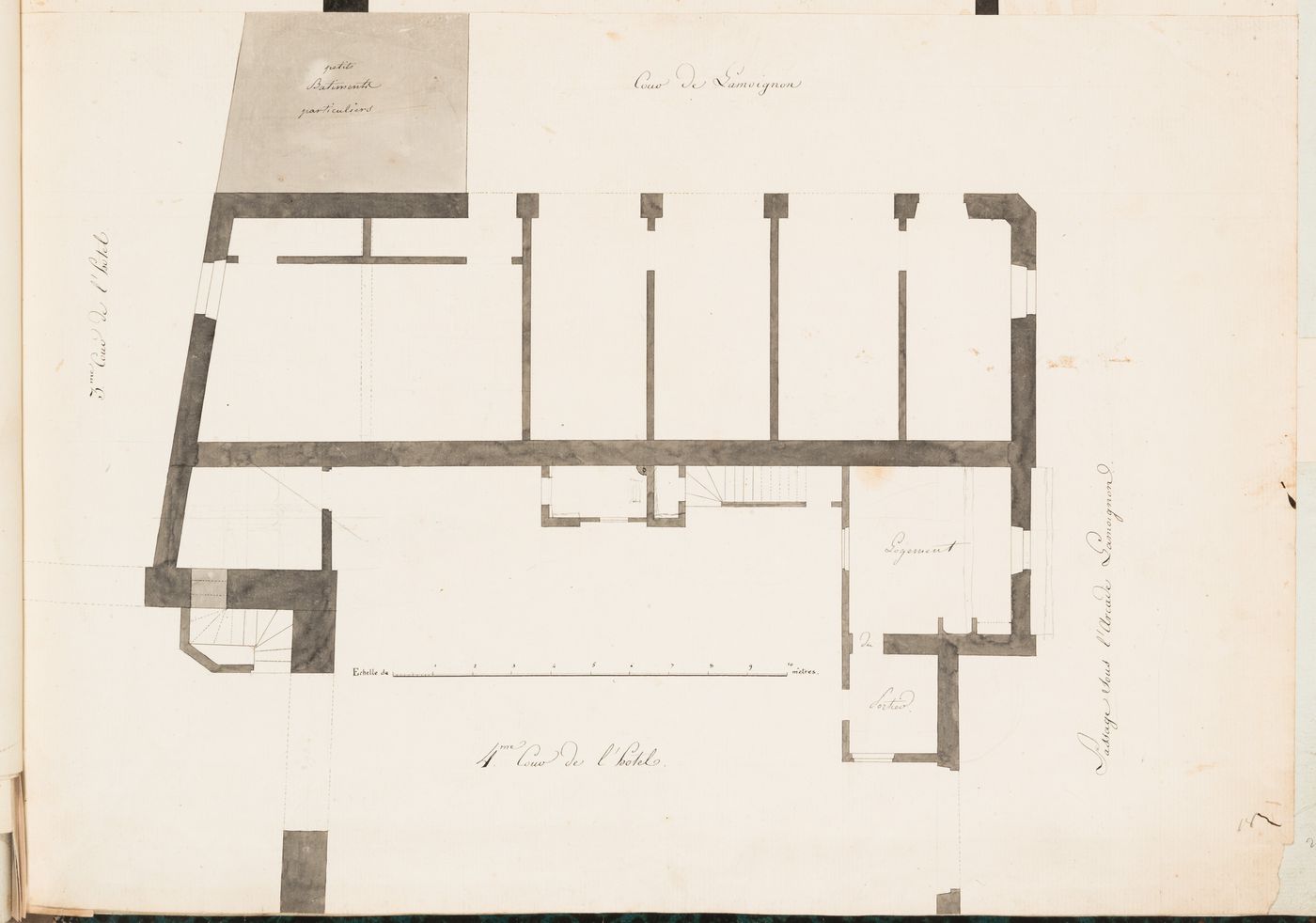 Project for the enlargement of the prison near the Préfecture de police, rue de Jérusalem, Paris: Plan for a building, probably an hôtel, adjacent to cour Lamoignon