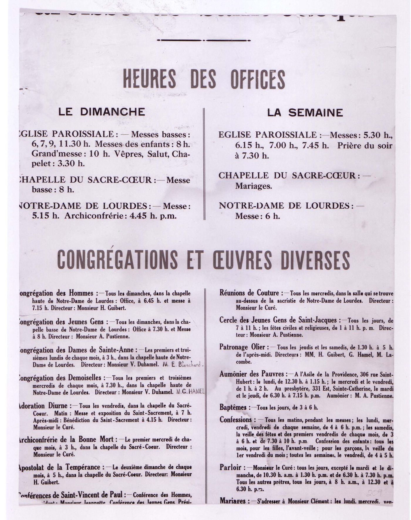 Cropped poster stating church office hours and hours of church services