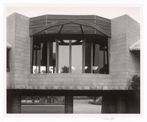 Late evening view of living room windows from ramp, from the series The David and Gladys Wright House