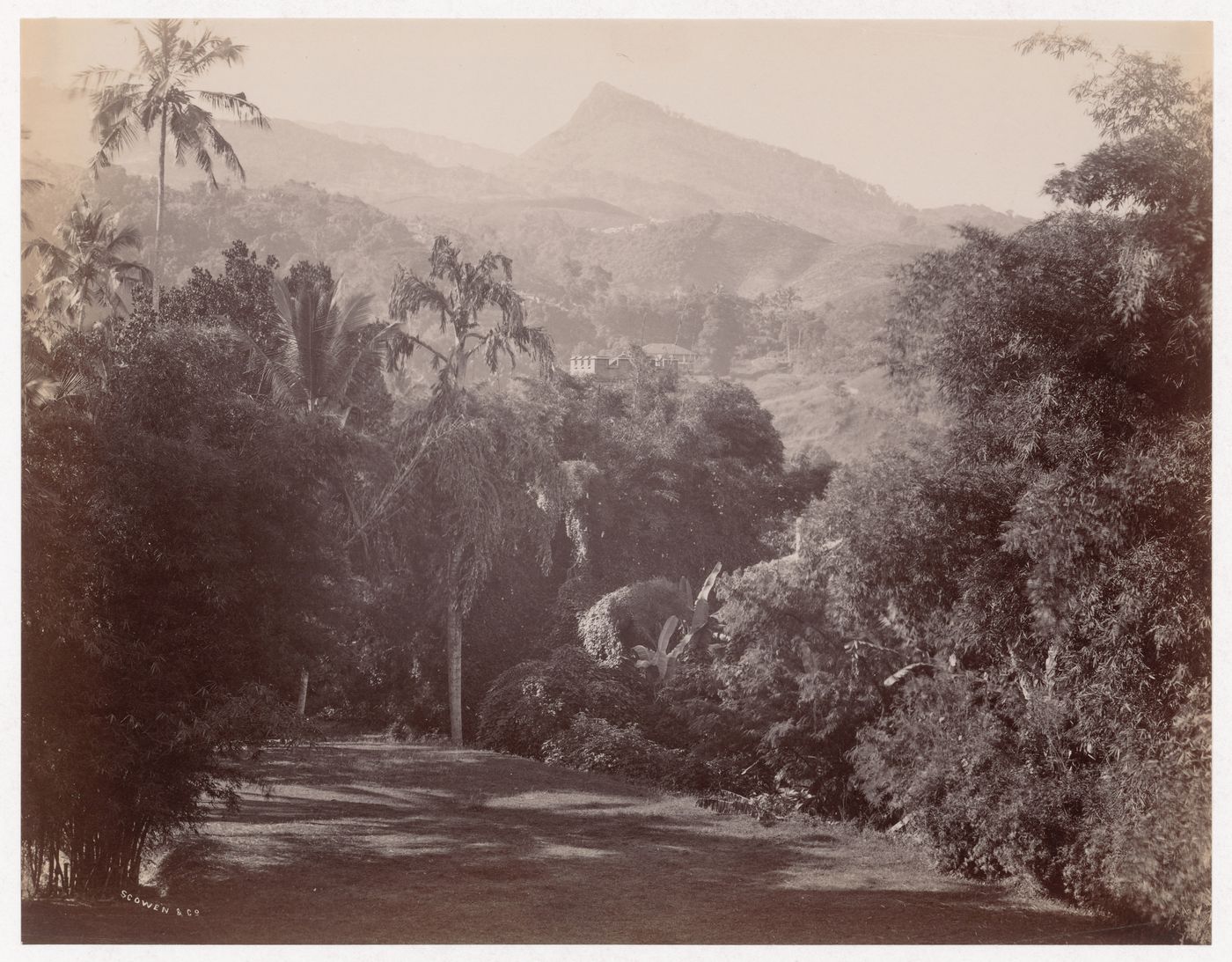 View of forests and mountains with the Hantana mountain range in the background and a clearing in the foreground, near Kandy, Ceylon (now Sri Lanka)