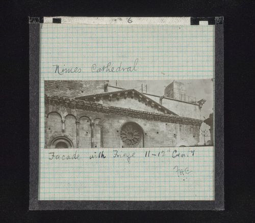View of frieze of facade of cathedral, Nîmes, France