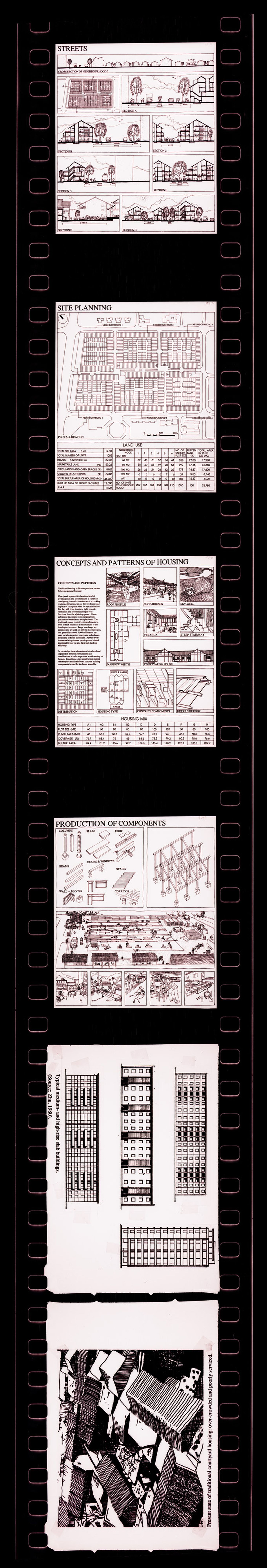 Negative strip of illustrations for the publication "Housing a Billion: Urban Upgrading: Design Ideals for Rural China" publication