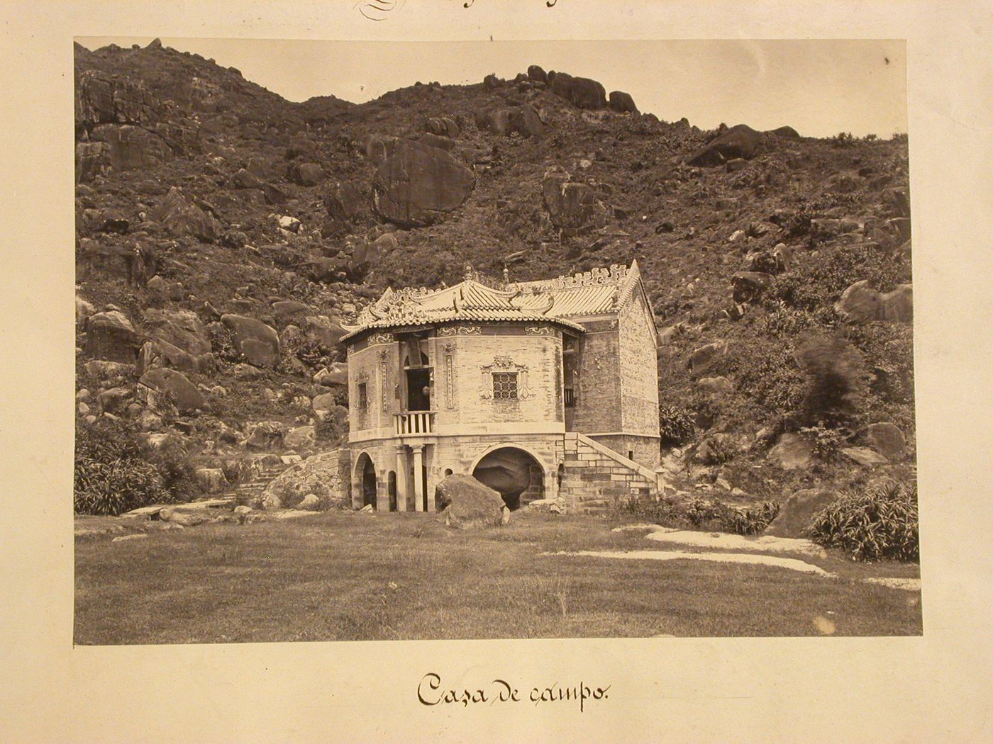 View of Lin Fa Kung Temple on Black Rock, East Point, Causeway Bay, Hong Kong (now Hong Kong, China)