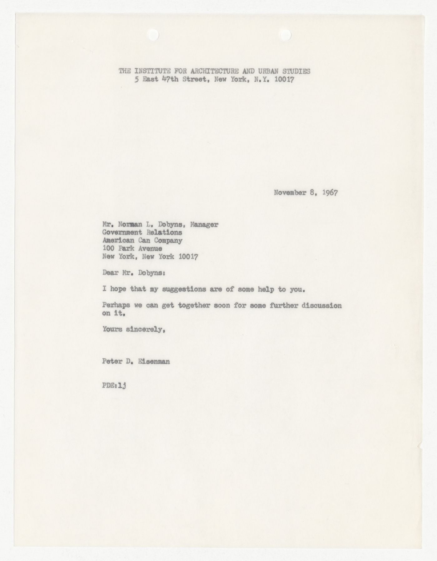 Letter from Peter D. Eisenman to Norman L. Dobyns