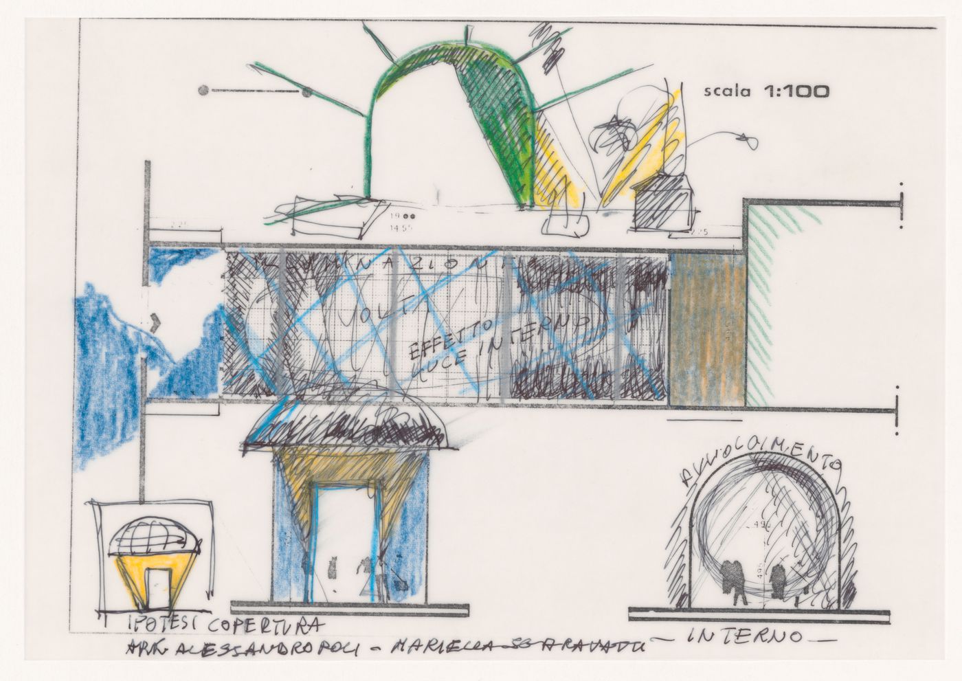 Sketches with annotations for Design shop, Montecatini Terme, Pistoia, Italy