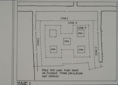 Site plan showing first stage of plot design process for the Aranya Housing Project, Indore, India