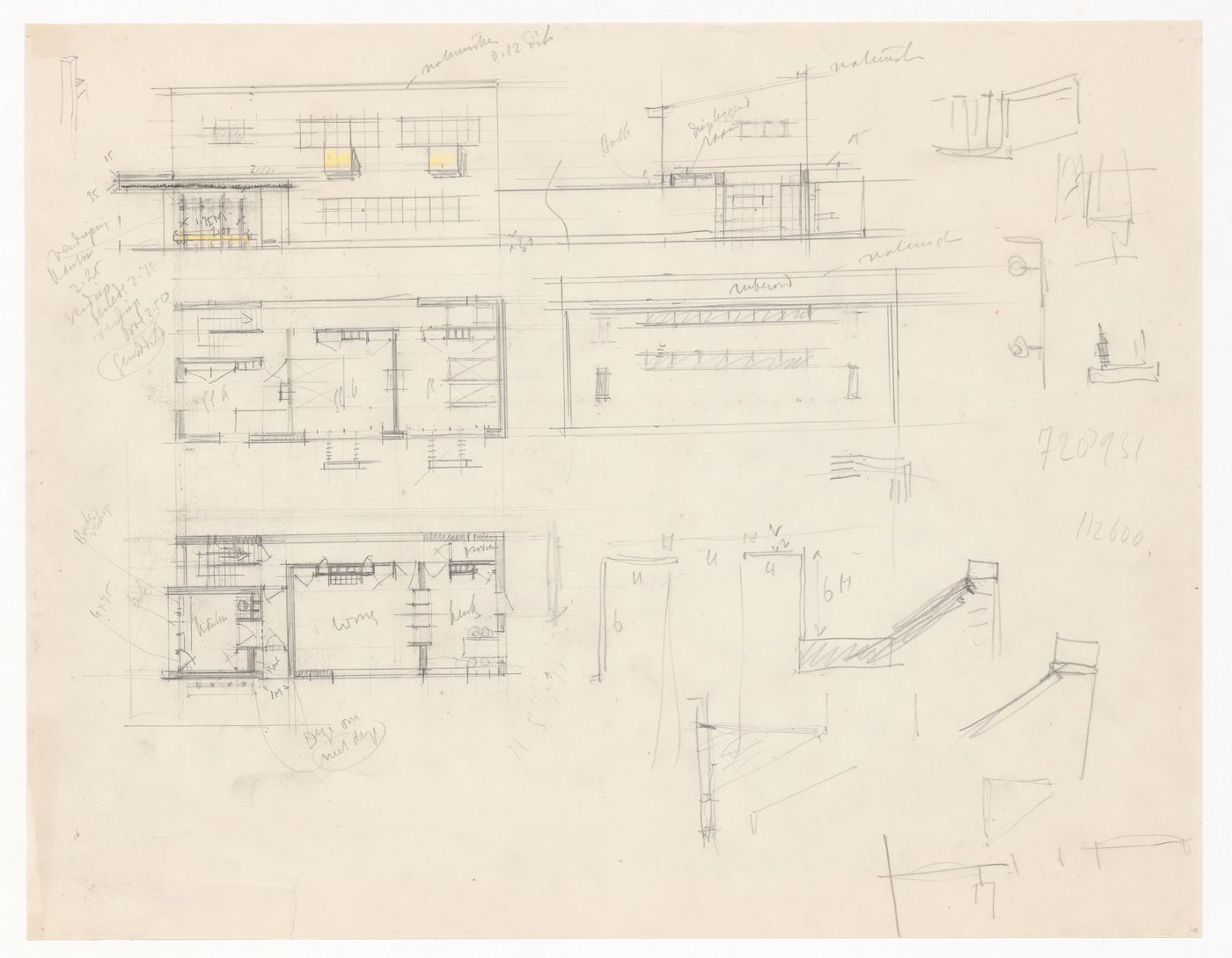 Ground and first floor plans, elevations, and roof details for De Hoge Veluwe park-keeper's house, Otterloo, Netherlands