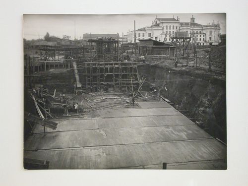 View of the Building of Industry construction site with the country house of Rastorguev-Haritonov [?] in the background, Sverdlovsk, Soviet Union (now Ekaterinburg, Russia)