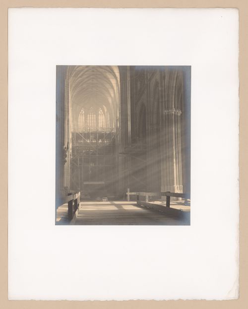 Plate from portfolio ''Svaty Vit (St. Vitus or St. Guy), various interior and exterior views of the cathedral under construction, Prague, Czech Republic''