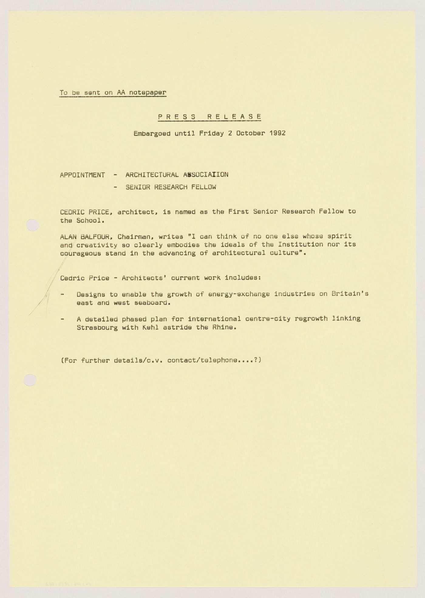 Draft of press release announcing the appointment of Cedric Price as First Senior Research Fellow to the Architectural Association