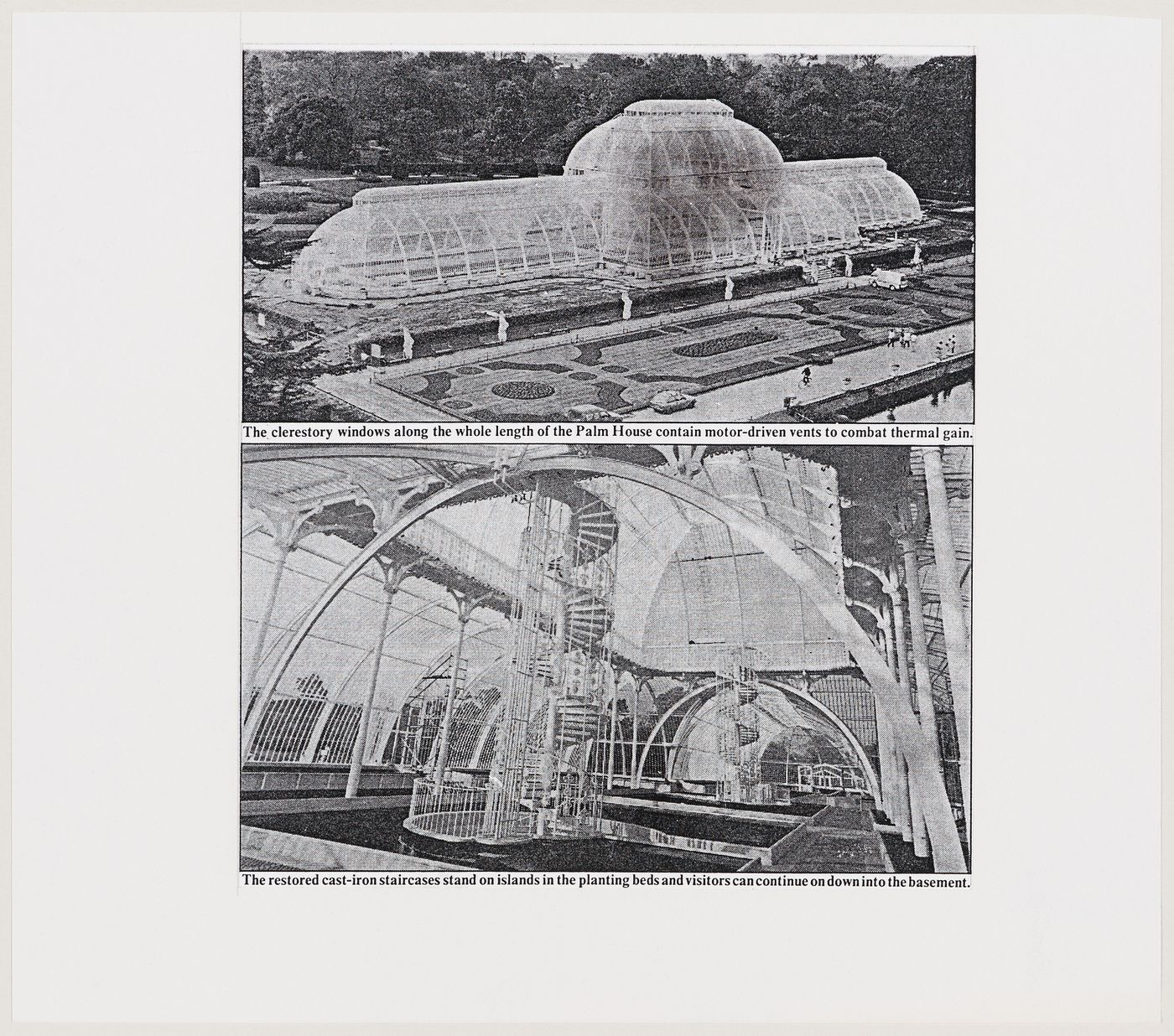 Exterior and interior views of the Palm House at the Royal Botanic Gardens, Kew (photocopy of illustrations from an unidentified publication, Serre (2) documentation)