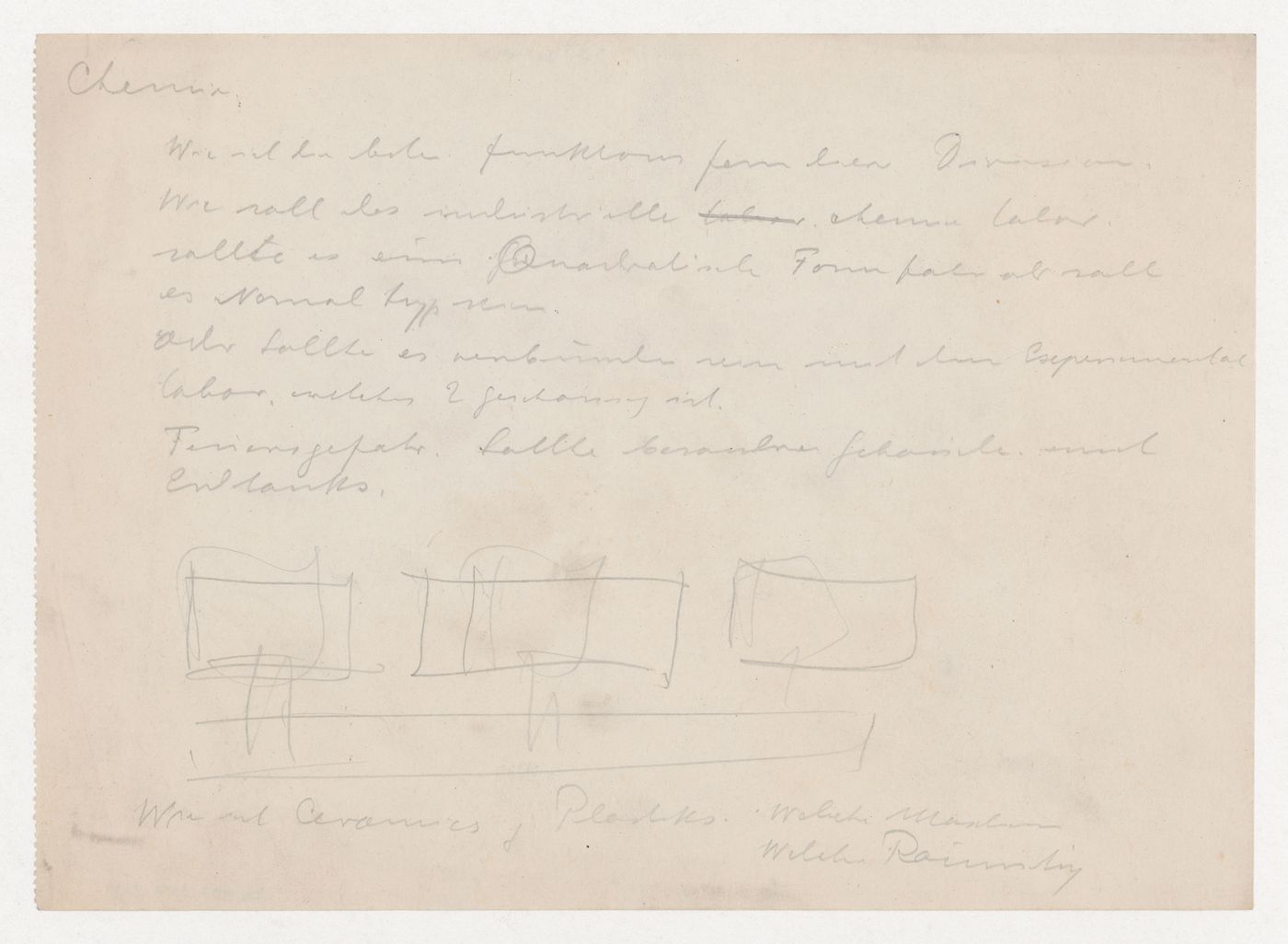 Notes with an unidentified conceptual sketch, possibly for chemistry facilities for Illinois Institute of Technology