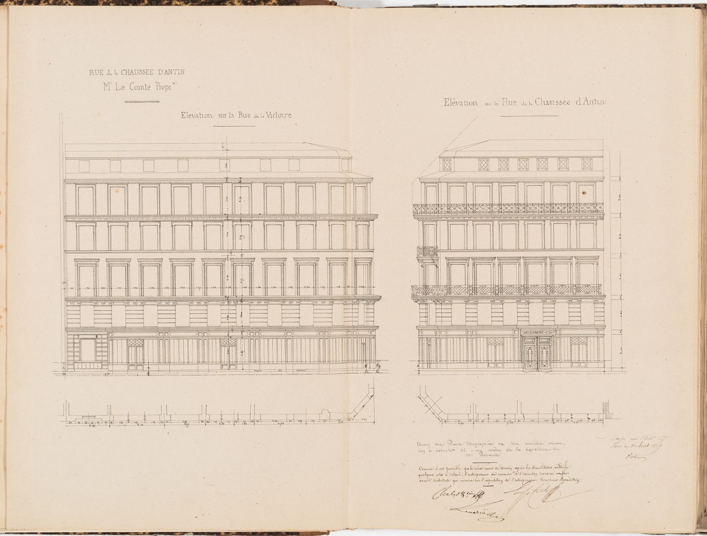 Contract drawing for an apartment house for Monsieur Le Comte, Paris: Elevations, rue de la Victoire and rue de la Chaussée d'Antin, including partial plans