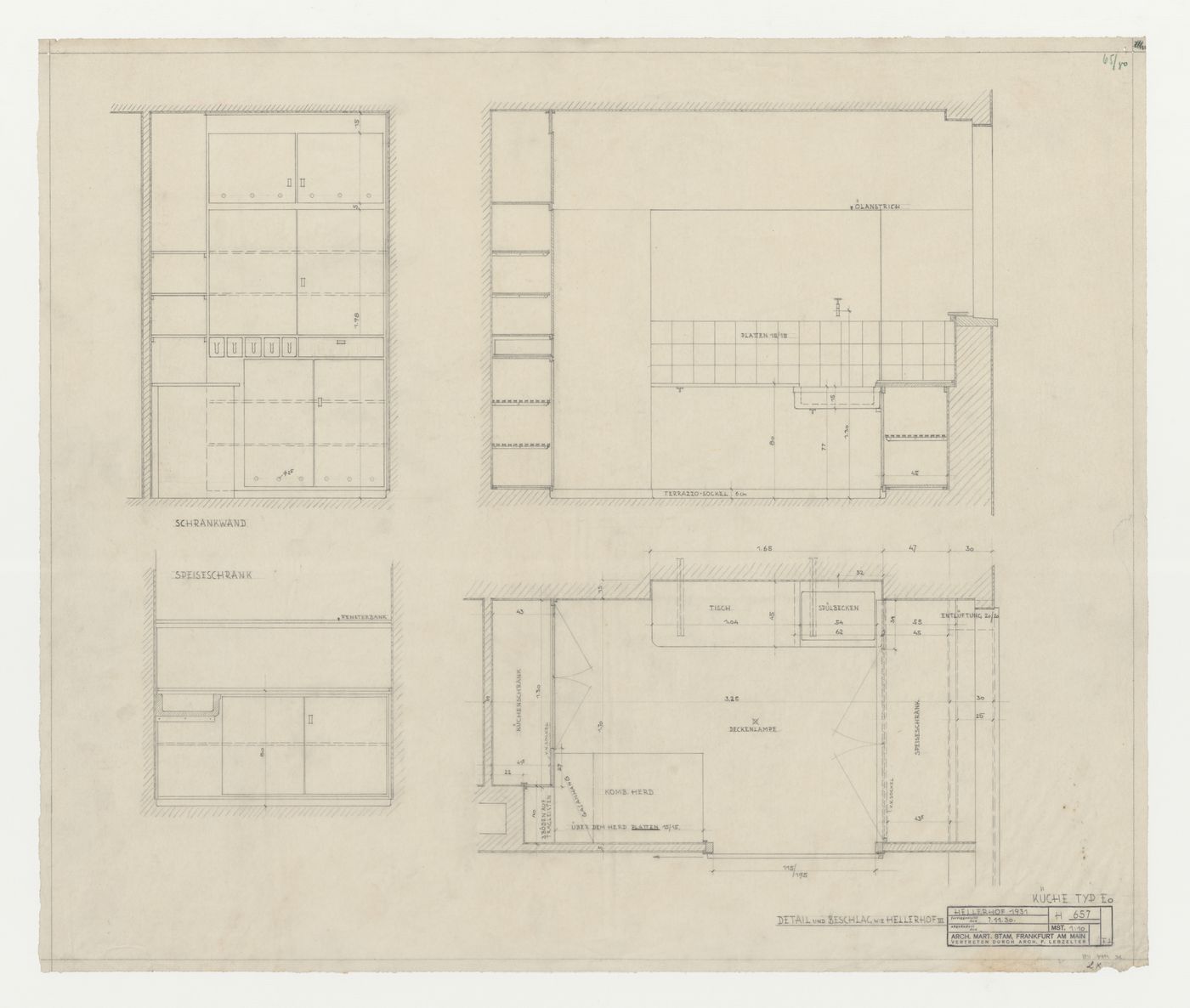 Plan and elevations for a type EO kitchen for housing unit, Hellerhof Housing Estate, Frankfurt am Main, Germany