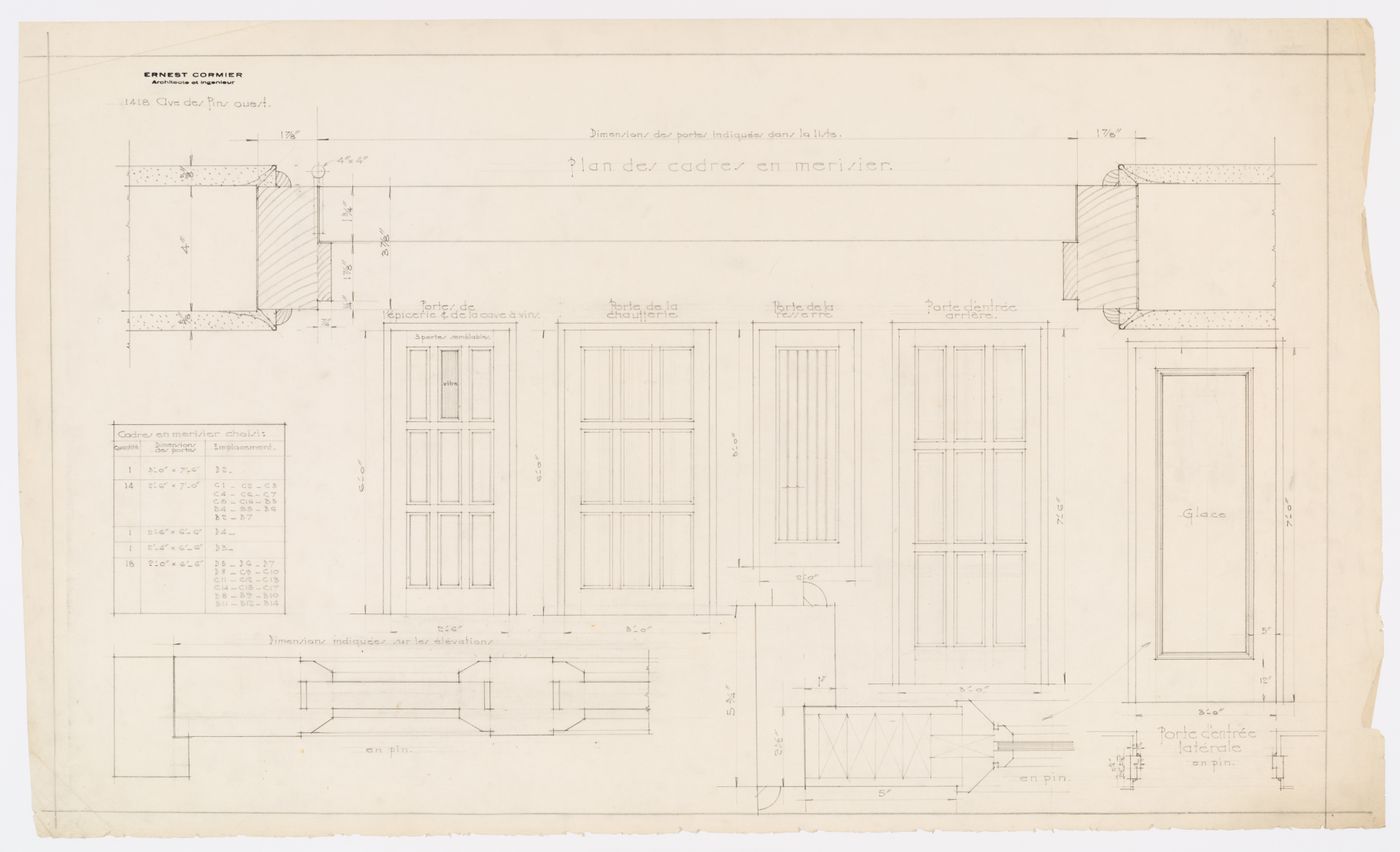 Plan des cadres et détails des portes,  Résidence Ernest Cormier, 1418 Avenue des Pins Ouest, Montréal, Canada (1929-1957)