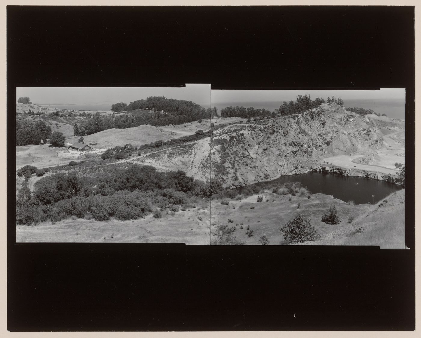 Panoramic composite photograph of the San Rafael Rock Quarry showing hills, a lake and trees with San Francisco Bay in the distance, Point San Pedro, San Rafael, Marin County, California, United States