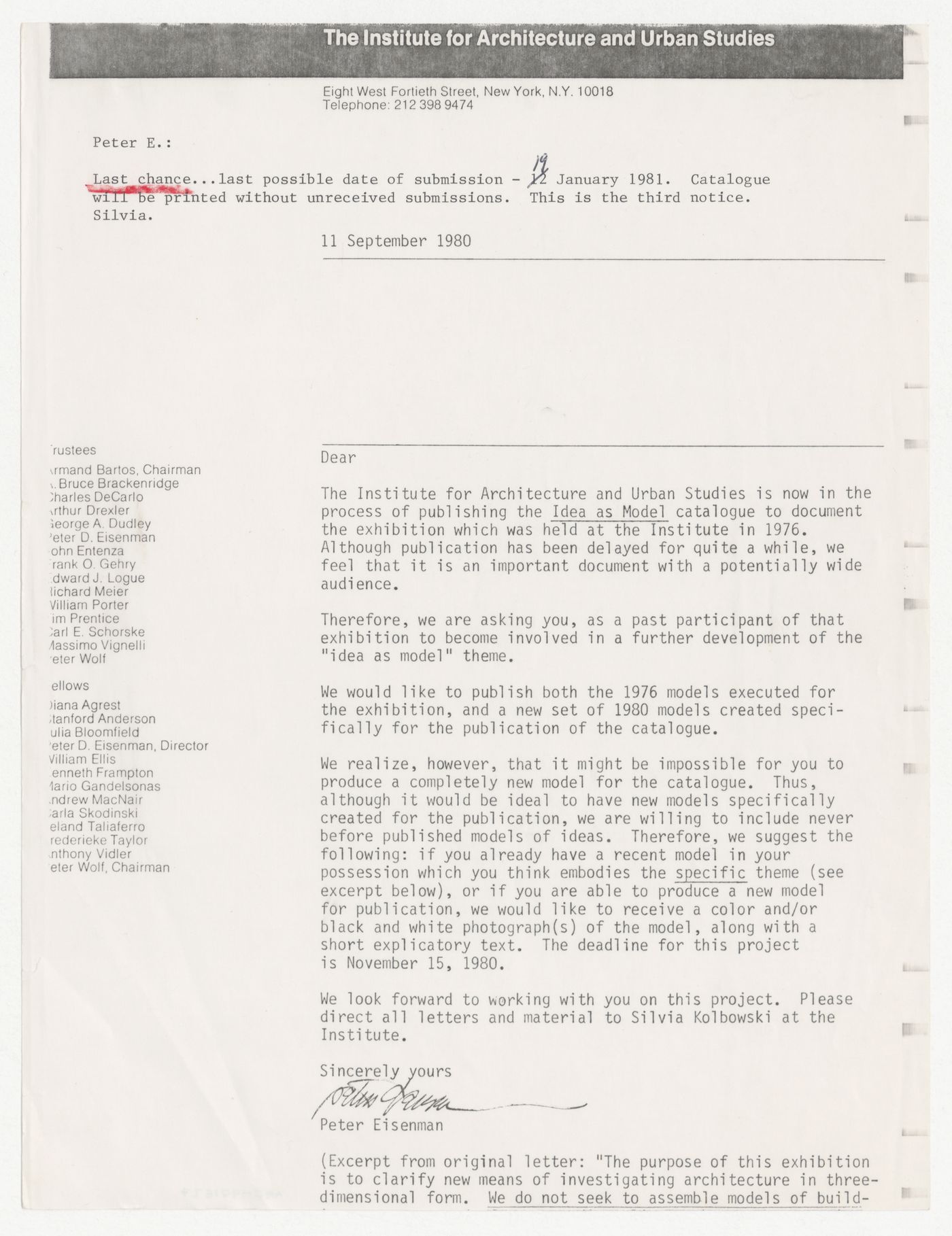 Memorandum from Silvia Kolbowski to Peter D. Eisenman about publication deadline for the Idea as Model catalogue
