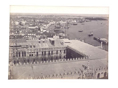 View from the bell tower of St. Mark's toward the Riva degli Schiavoni; roof of Doge's Palace, Venice, Italy