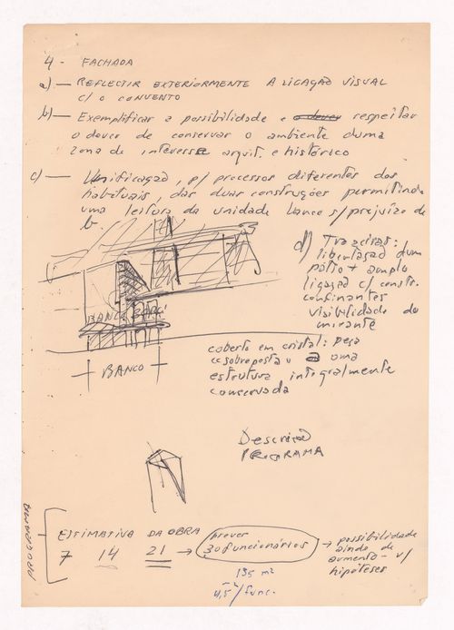 Notes and façade sketches for Banco Borges & Irmão, Vila do Conde, Portugal