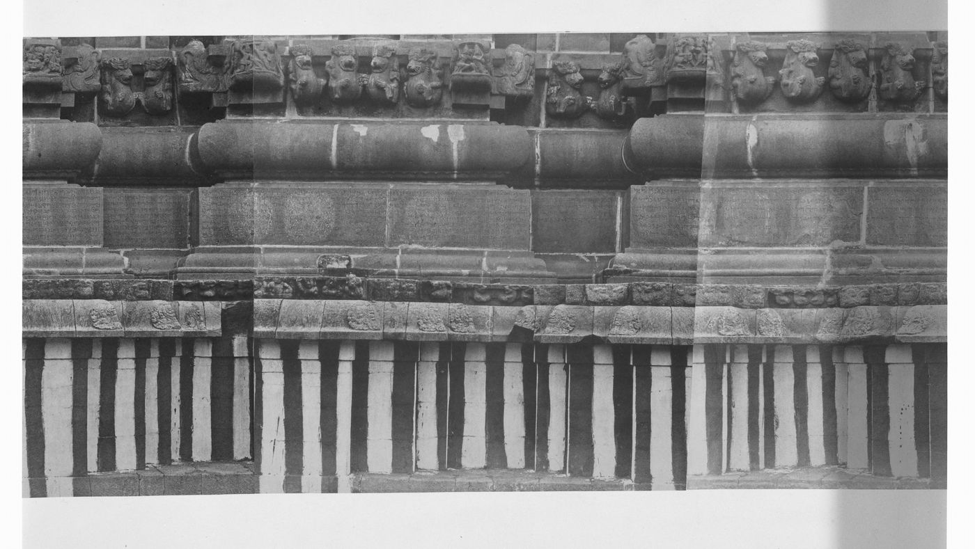 Partial view of the inscription panel at the base of the bimanum [sanctuary], Pirakatisvarar Tirukkoyil (also known as the Brihadisvara or Rajarajesvara Temple), Tanjore (now Thanjuvar), India