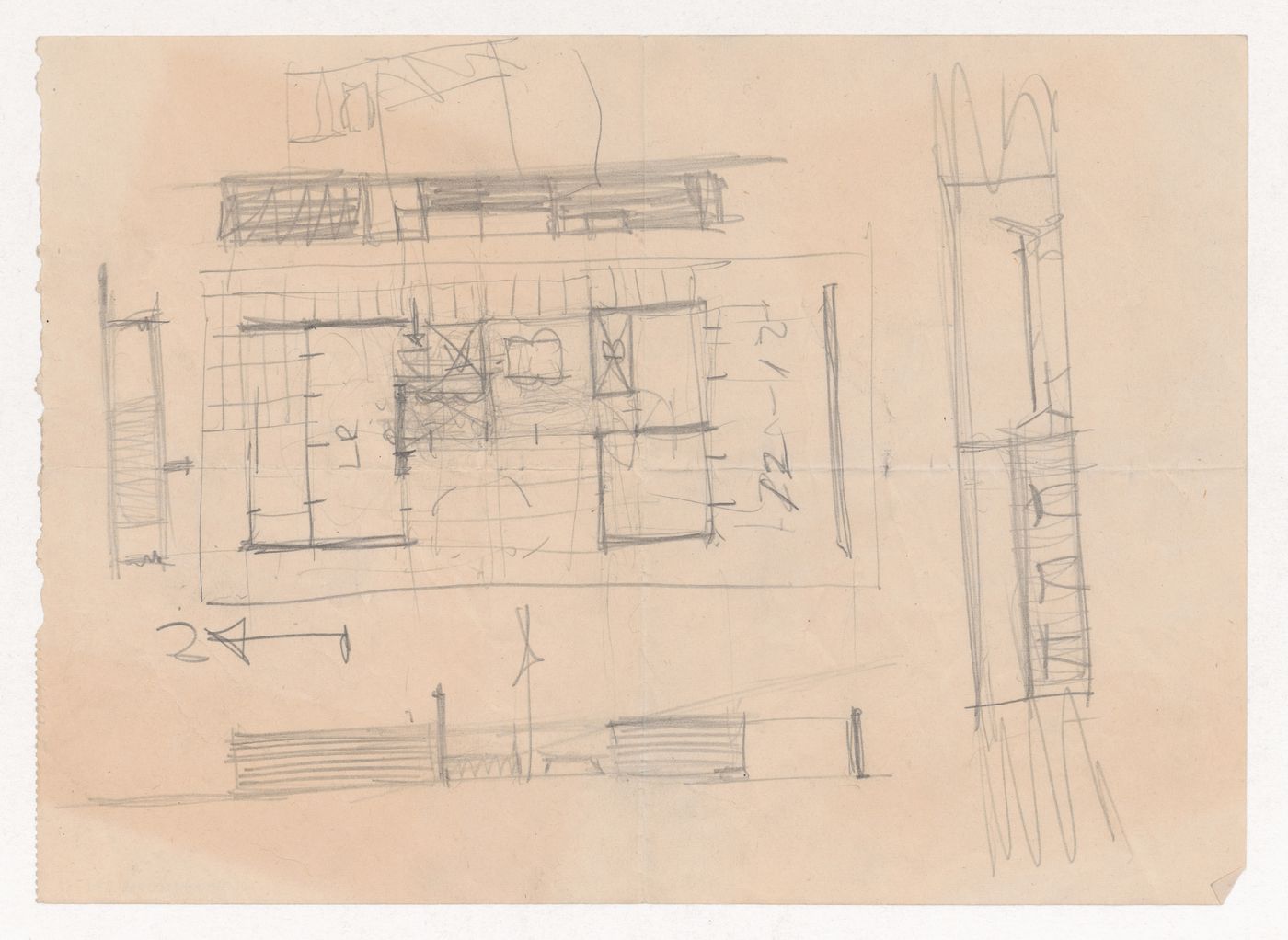Sketch plan, perspective sketch, and sketch elevations for a Court House