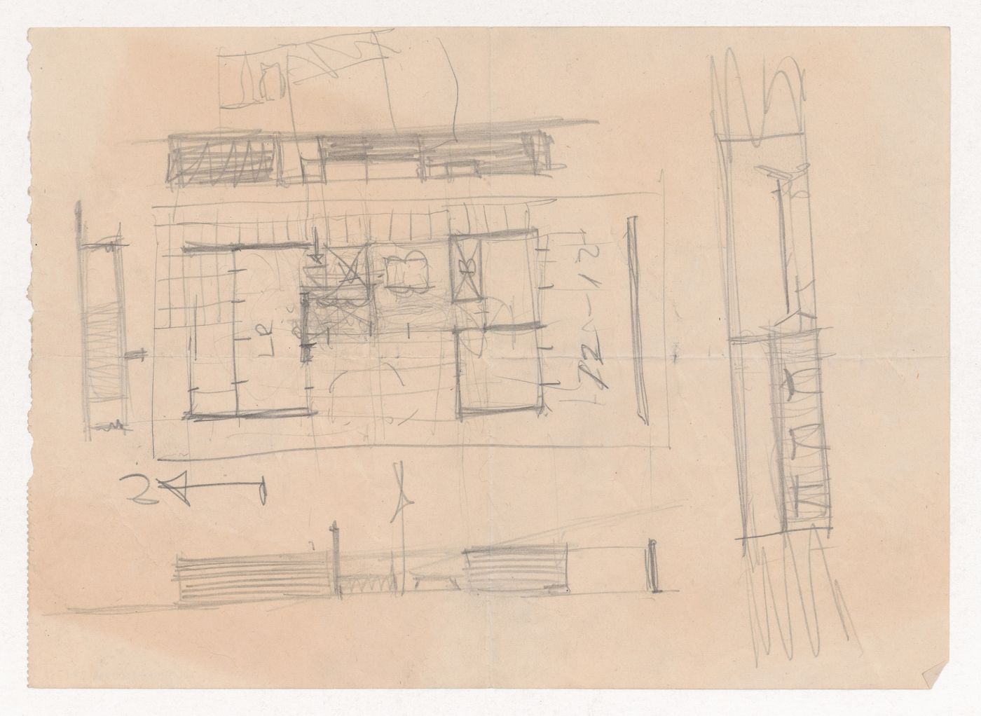 Sketch plan, perspective sketch, and sketch elevations for a Court House