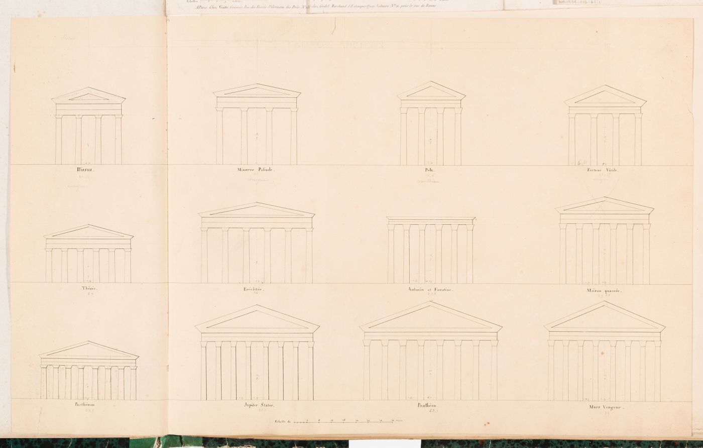 Front elevations of porticoes from twelve Greek and Roman temples grouped according to their tetrastyle, hexastyle or octastyle configurations