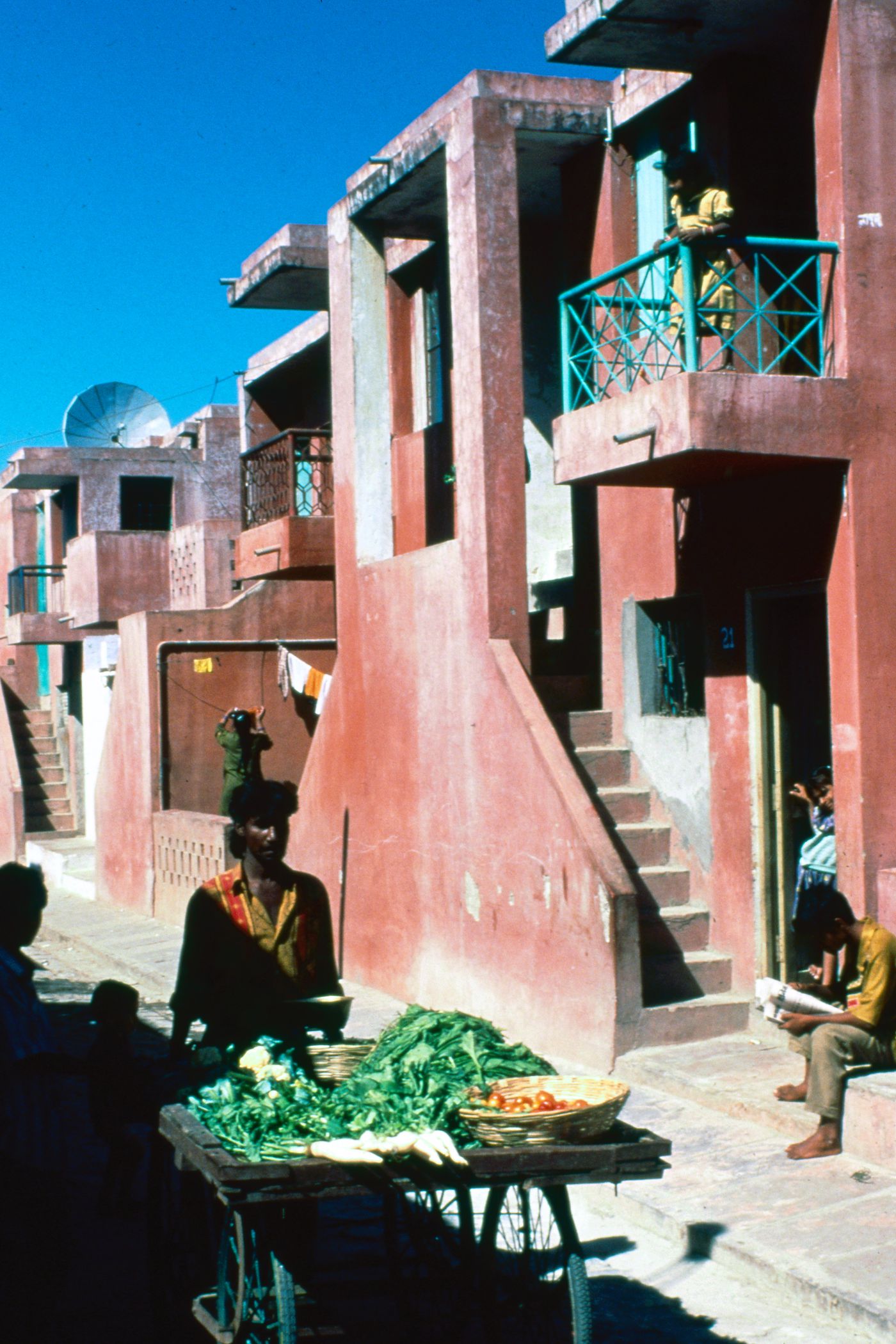 View of street with inhabitants in Aranya for the Aranya Housing Project, Indore, India