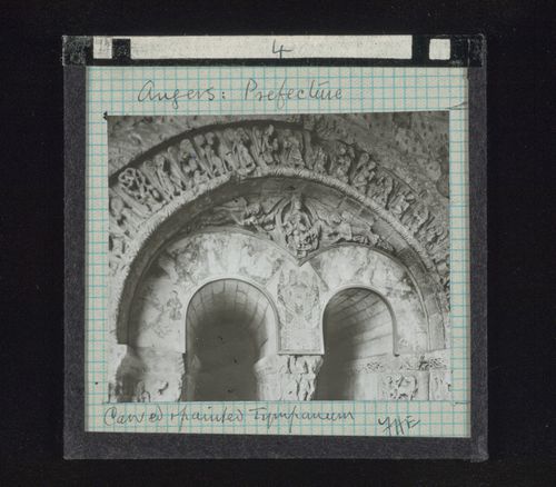 View of tympanum with relief sculpture and painting in prefecture, Angers, France