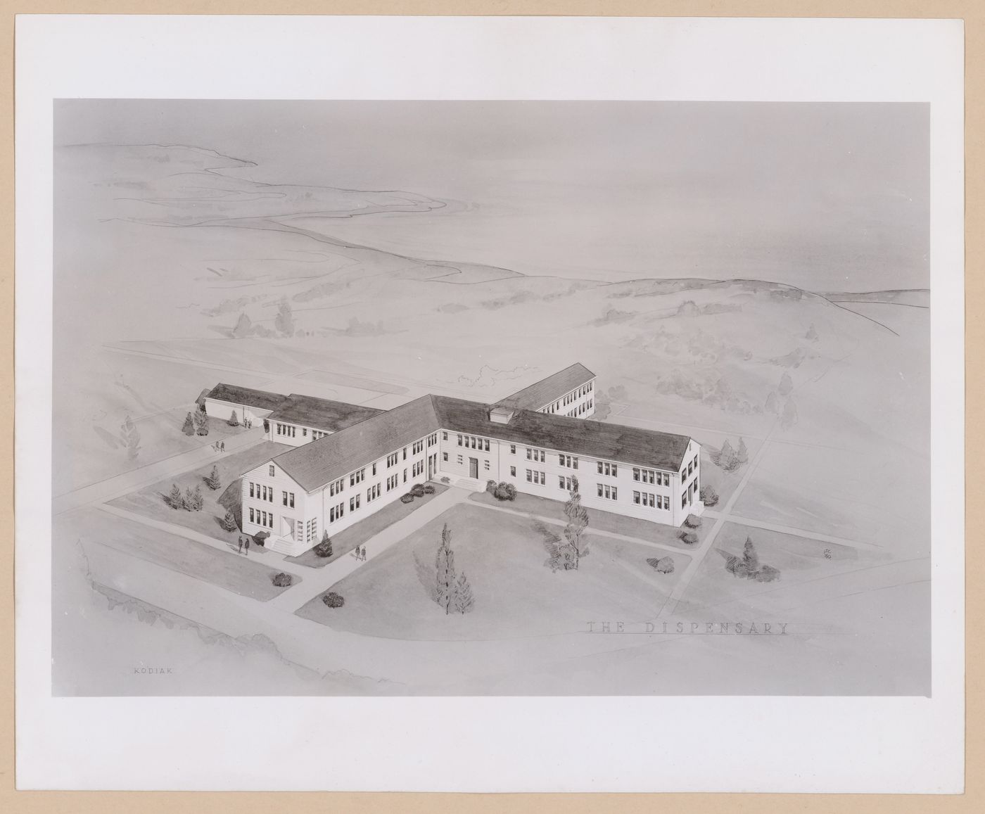 Photograph of an bird's-eye perspective drawing for or of the Dispensary, United States Naval Air Base, Kodiak, Alaska