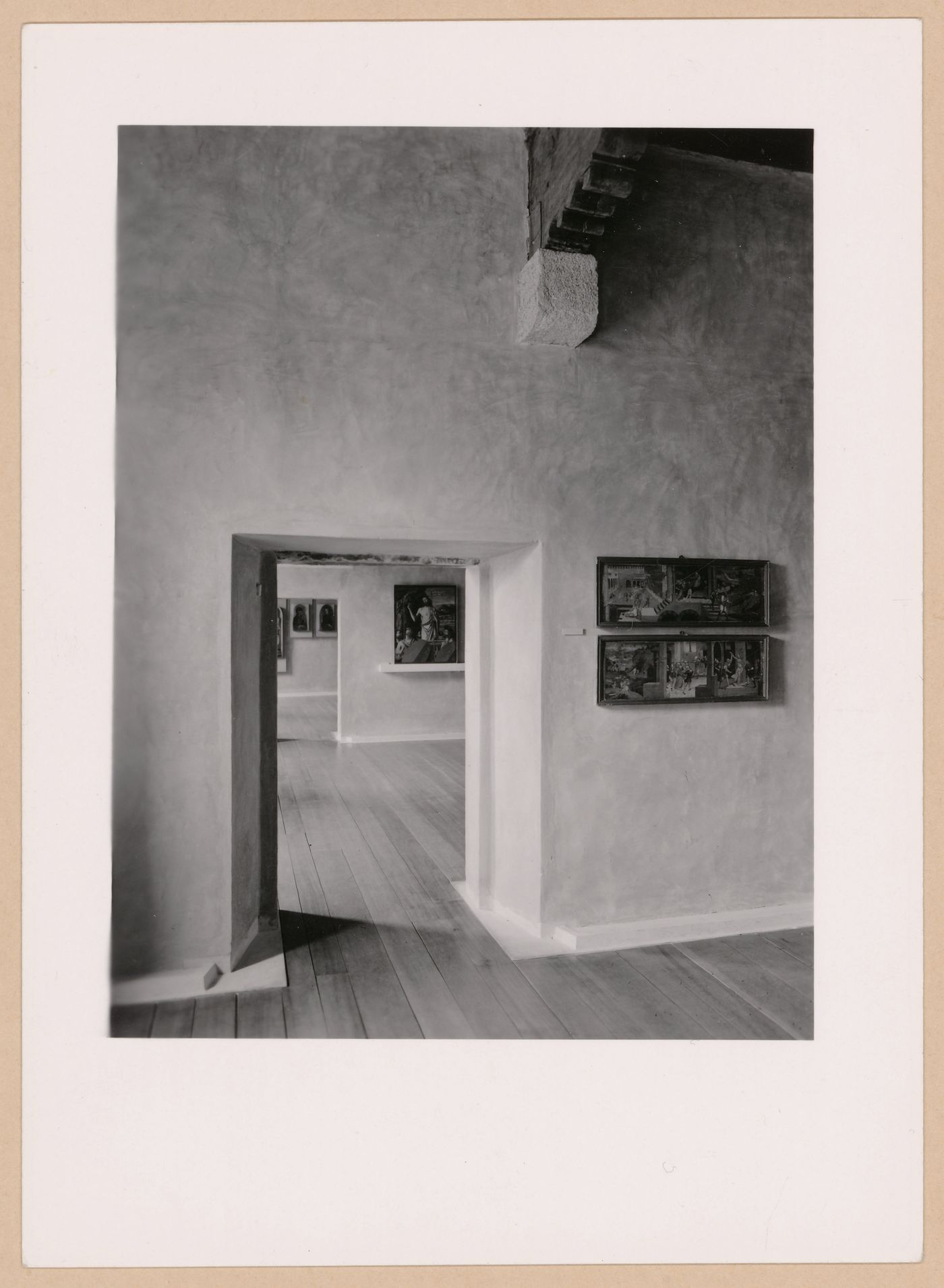 Interior view of a gallery showing doorways, paintings and other galleries, Museo di Castelvecchio, Verona, Italy