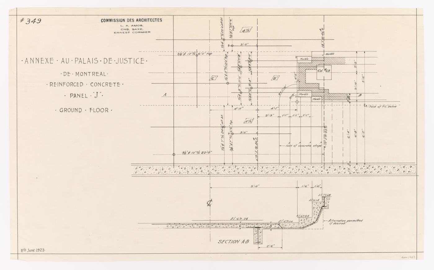 Détails du béton armé du rez-de-chaussé, Annexe au Palais de Justice de Montréal, Montréal, Canada