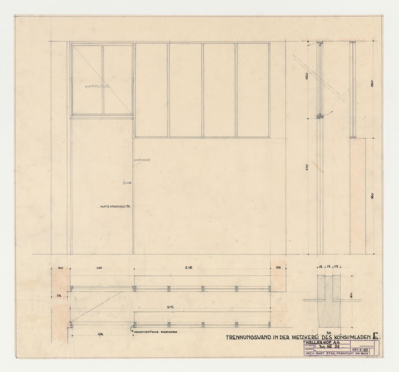 Elevation, plan, and sections for a partition wall in the meat section of a type E store, Hellerhof Housing Estate, Frankfurt am Main, Germany