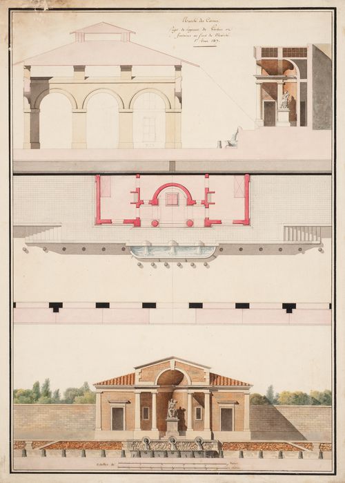 Elevation, sectional elevations and plan for Logement de Gardien etfontaines, Marché des Carmes, Paris