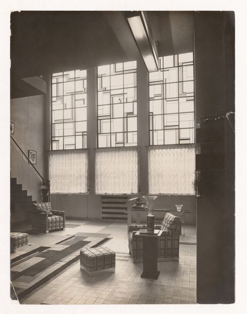 Interior view of the Mallet-Stevens hôtel particulier, showing hall salon and stained glass windows, rue Mallet-Stevens, 16th arrondissement, Paris, France