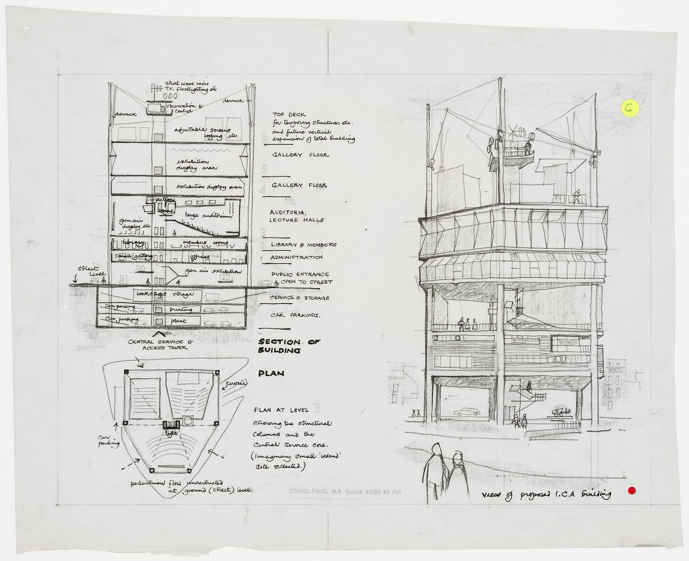 Section, plan and perspective view for headquarters for the Institute of Contemporary Arts, Kensington, London, England